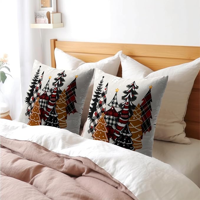 Kawani Christmas Tree Throw Pillow Covers 20x20 Inches, 2 PCS Buffalo Plaid Xmas Pine Trees Gingerbread Cotton Linen Decorative Square Pillowcase for Sofa Couch Home Outdoor Decor