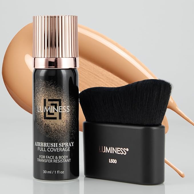 LUMINESS Airbrush Body Coverage with Self Tanner Brush - Tattoo Cover Up Makeup - Full Coverage Foundation for Face & Body - Water-Resistant, Long-Wear, Natural Radiant Finish, Medium Warm