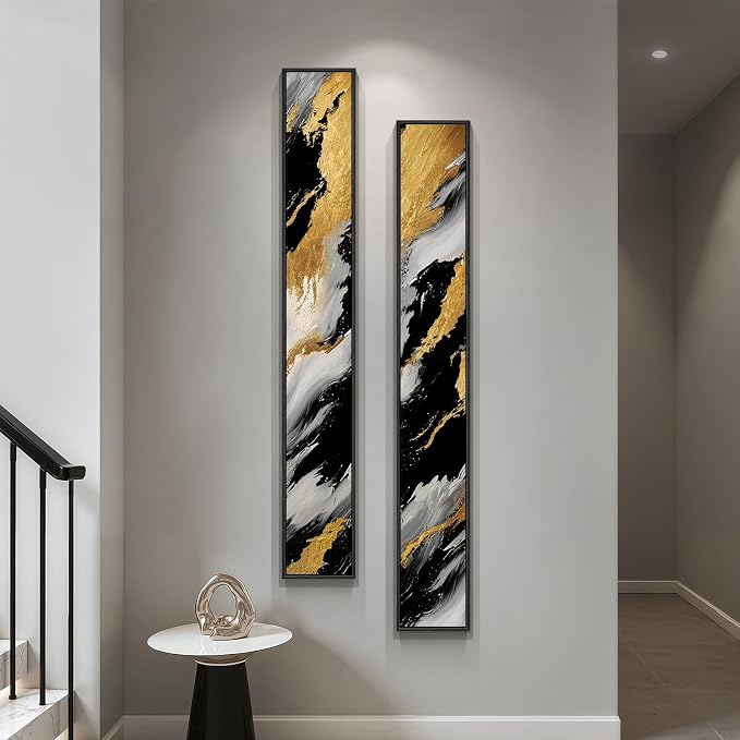 Framed Vertical Black and Gold Abstract Wall Art Set of 2, Modern Long Narrow Canvas Prints Paintings Artwork for Walls, Minimalist Luxury Pictures for Living Room Bedroom Entryway Hallway Wall Decor