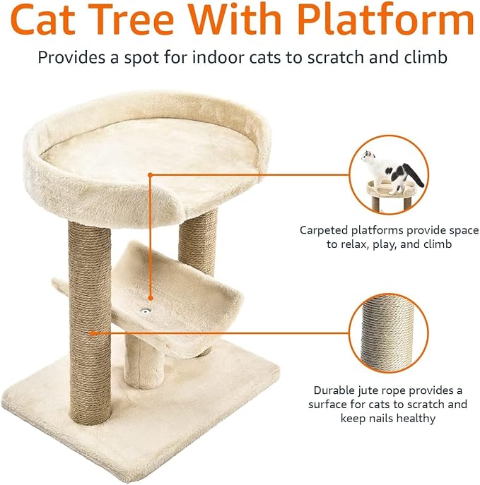 Amazon Basics Multi-Platform Cat Tree with Scratching Post for Indoor Cats up to 25lbs, 18 x 14 x 22 Inches, Beige