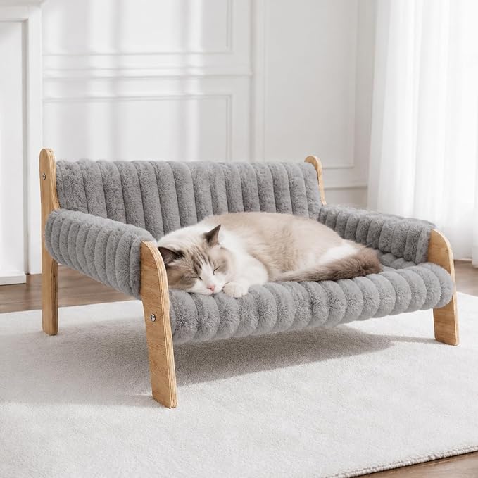 Elevated Cat Couch for Indoor Cats Wooden Cat Sofa for Kitty Puppy | Ultra-Soft Plush Raised Cat Bed,Removable Washable Cat Chair Hammock,Breathable Cat Furniture for Bedside Balcony Living Room