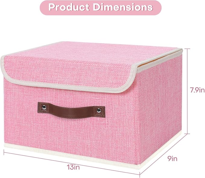 ANMINY Fabric Storage Box Bins with Lids, Pink, 13"x9"x7.9", 4 Pack | Keepsake Memory Storage, Cotton Linen, PP Board Reinforced, Washable, PU Handles, Foldable & Stackable, Decorative, Medium