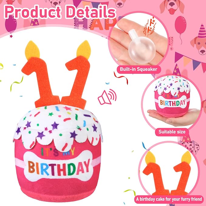 Dansydaisy Dog Birthday Cake Toy Squeaky Plush Gift,11th,Pink