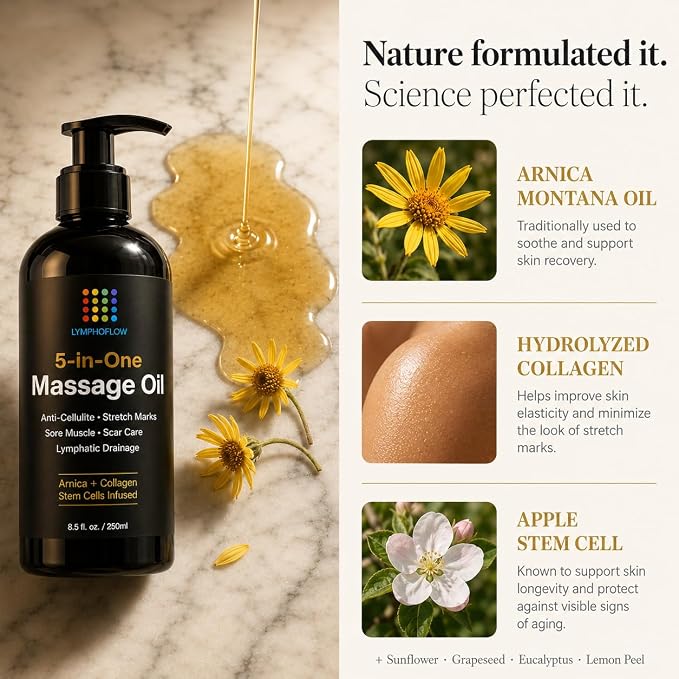 5-in-1 Lymphatic Drainage Massage Oil for Massage Therapy - Helps Smooth The Appearance of Cellulite & Improve Skin Texture- Post Surgery Recovery & Lipo, BBL, Tummy Tuck, Fibrosis Treatment -8.5Oz