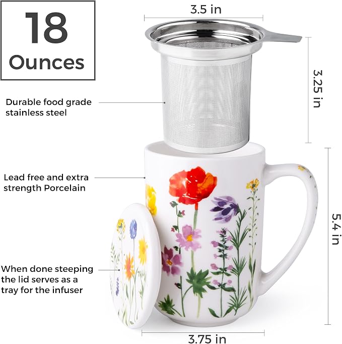 AmorArc Porcelain Tea Mug with Infuser and Lids, 18 Oz Coffee Cup Strainer with Bag Holder for Loose Leaf Tea, Tea Steeping Coffee Mug for House-warming Wedding Birthday Gift