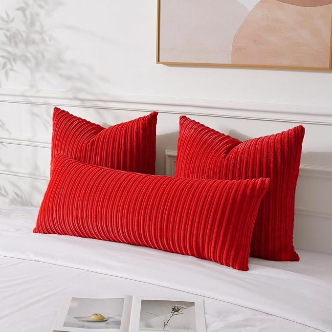 UGASA 14x36 Inch Christmas Pillow Cover Pack of 1 Soft Boho Stripe Corduroy Large Long Rectangle Lumbar Cushion Case Farmhouse Decorative Pilowcase for Bed, Couch, Sofa, Bedroom, Living Room, Red