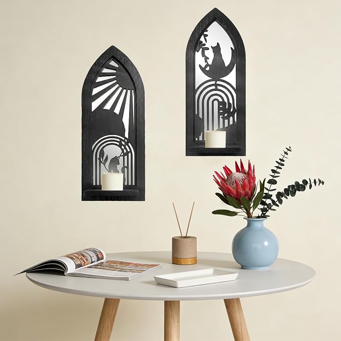 ZEXUIRU 2 Set Rustic Candle Sconces Living Room Bedroom Entryway Wood Mirrored, Farmhouse, Carved Frame Wall-Mount Wooden Candle Holders Wall Decor Hanging Handmade Holder - Black