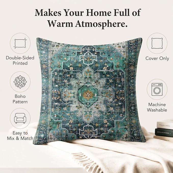 Boho Throw Pillow Covers 18x18 inch Set of 2,Soft Pillowcases Bohemia Carpet Printing Pattern Decorative Sofa Living Room Bed Square Pillow Case Cushion Cover-Cyan