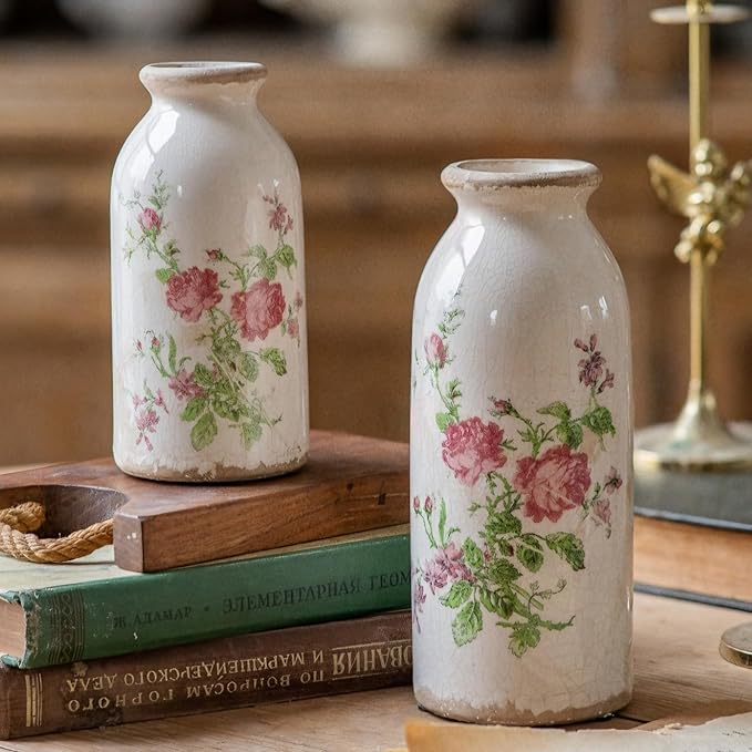 Vintage Rose-Floral Small Ceramic Vase Set, Retro Rustic Farmhouse Cute Flora Vase Gift, Art Décor for Your Home, Kitchen, Bedroom, Office, Living Room, Bathroom & Shelf Centerpiece Table Decorations