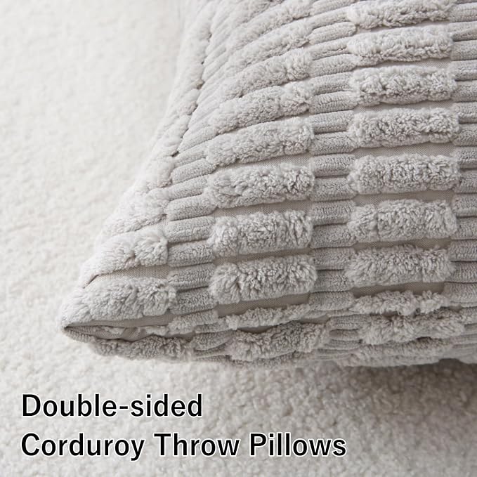 2 Pack Corduroy Decorative Throw Pillow with Inserts, 18x18 Inch Soft Boho Throw Pillow, Square Striped Throw Pillows for Couch, Bed, Sofa Decor (Light Gray)