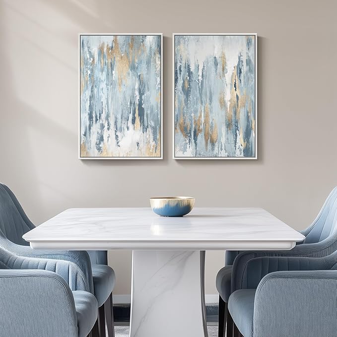 White Framed Blue and Gold Abstract Canvas Wall Art for Bedroom, Set of 2 Modern Minimalist Art Prints Paintings Artwork for Walls, Glitter Pictures for Living Room, Dining Room Wall Decor 16x24 In