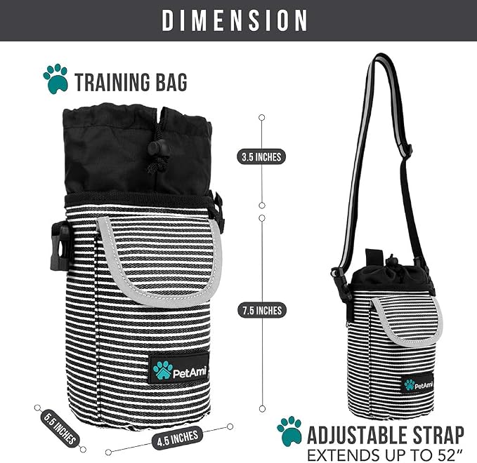 PetAmi Dog Treat Pouch, Large Hands-Free Training Bag, Stripe Black