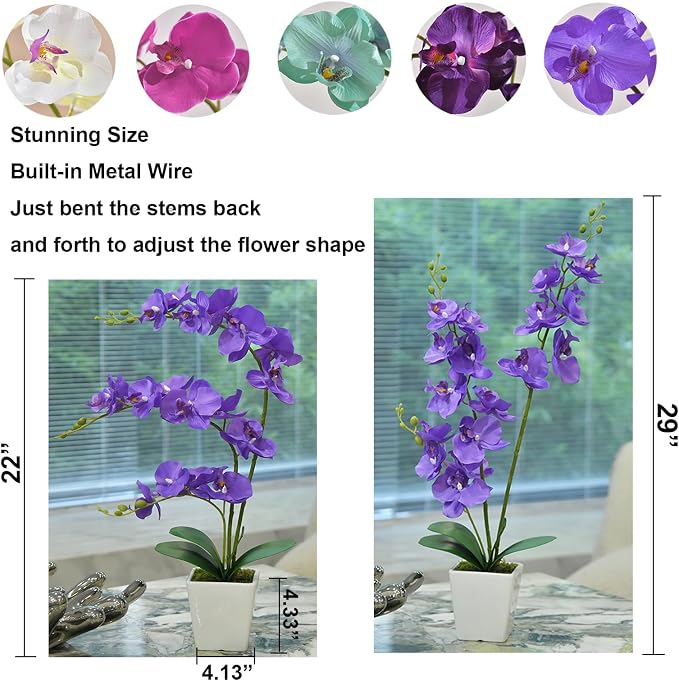 22" Purple Faux Orchid in Ceramic Vase for Table Décor | Real Look Potted Phalaenopsis, Ideal Centerpiece for Home, Office, or Indoor Display, Lifelike Silk Flowers, No Maintenance