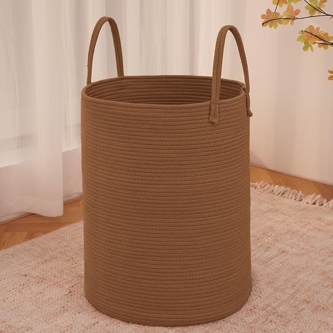 JMvicyroam 60L Cotton Rope Laundry Basket Hamper, Golden Jute | Collapsible Laundry Basket, Reinforced Handles, Freestanding, Machine Washable, Holds 3-5 Thick Blankets, Clothes or Toys