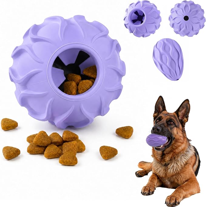 Interactive Treat Dispensing Dog Toy, Natural Rubber Chew Toy for Aggressive Chewers, Stuffable Treat Toy for Large & Medium Dogs, Mental Stimulation for Dogs, Boredom Relief, Purple