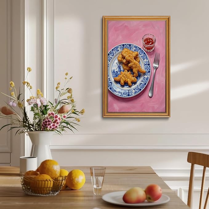 Vintage Whimsical Gold Framed Canvas Wall Art Funny Pop Food Wall Decor Art | Dino Chicken Nuggets Pictures Blue White Delft Canvas Art Pink Dopamine Small Framed Prints Artwork Shelf Bar Dining Gallery