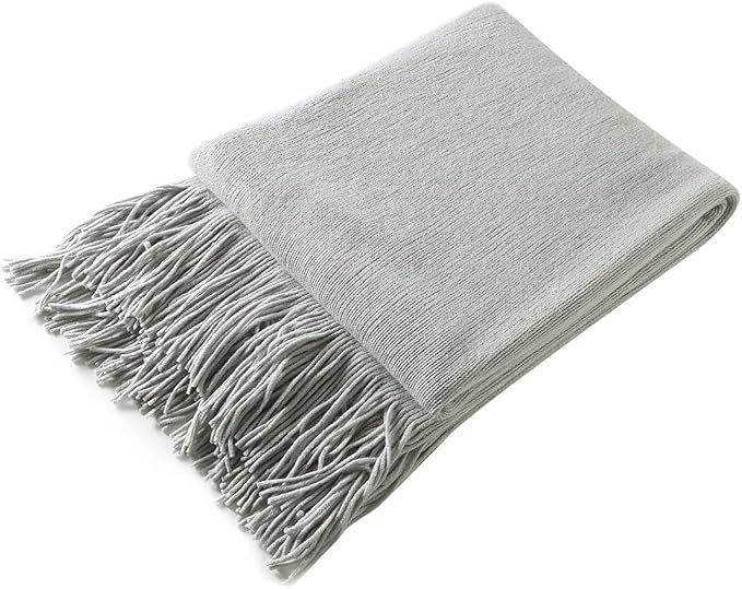 Homiest Light Grey Knitted Throw Blanket with Fringe, 50x60 Inch | Pure Acrylic, Lightweight & Breathable, All-Season Use, Machine Washable, Wrinkle & Fade Resistant, for Couch Sofa And Bed