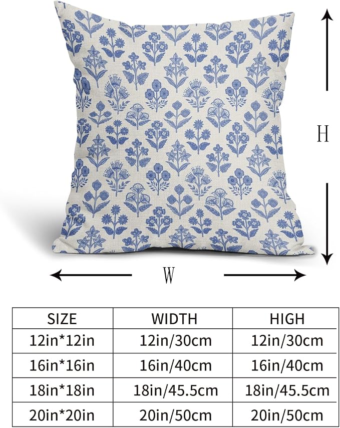 Blue Floral Block Print Pillow Covers 16x16 Inch Set of 2, Vintage Flower Decorative Throw Pillowcases for Home, Outdoors