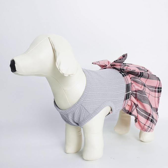 PUPTECK Cute Soft Plaid Dog Dress with Bow Puppy Skirt Clothes, Grey Pink L | Breathable Lightweight Adorable Puppy Doggie Pet Clothes Outfits Apparel Costume for Small Medium Large Dogs Girl