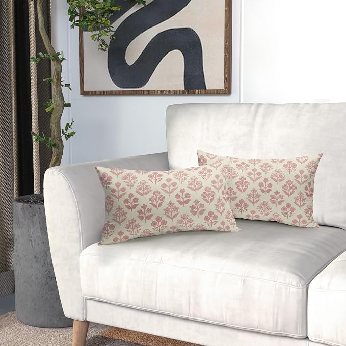 Pink Floral Pillow Covers 12x20 Inch Set of 2, Block Print Lumbar Flower Cream Decorative Throw Pillowcases Outdoor Farmhouse Rectangle Cushion Covers Spring Summer Sofa Couch Bed Decor