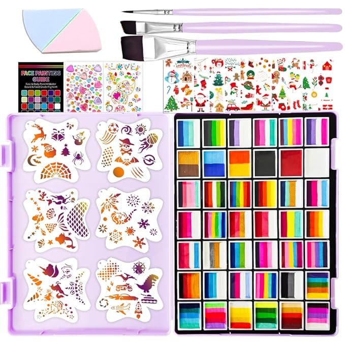 148 Colors Professional Face Painting Kit for Kids | Non-Toxic, Hypoallergenic Water Activated Split Cake Face Paint Palette with 42x10g Cakes | Stencils & Brushes | Halloween , Easter, Party Makeup