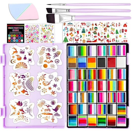 148 Colors Professional Face Painting Kit for Kids | Non-Toxic, Hypoallergenic Water Activated Split Cake Face Paint Palette with 42x10g Cakes | Stencils & Brushes | Halloween , Easter, Party Makeup