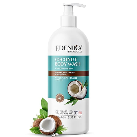 EDENIKA BOTANICALS Coconut Body Wash, Cleans, Softens & Nourishes, Ultra Moisturizing Shower Gel for Dry and Sensitive Skin, Women & Men, Organic & Natural, 16 fl oz