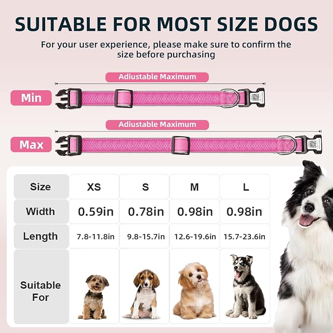 Reflective Dog Collar for Large Dogs,Personalized Dog Collar with Online Profile, Soft Neoprene Padded,Anti-Lose Function with QR Code Tag System,Rose Red L