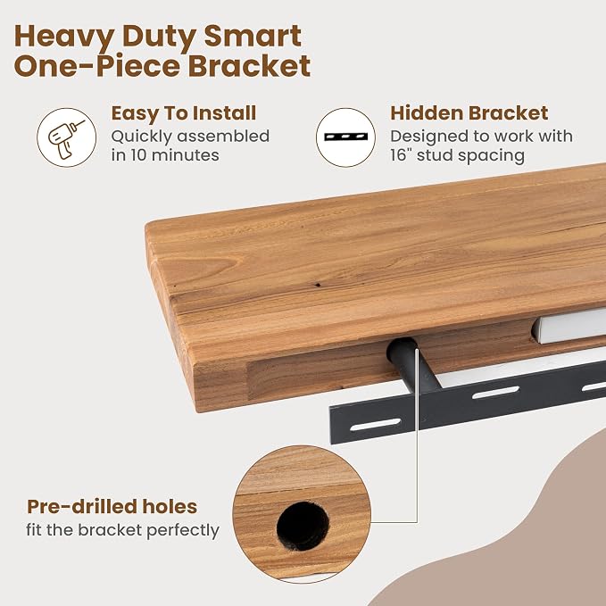Floating Shelves for Wall, 36"Wx8"D Rustic Solid Elm Wood Floating Shelves Wall Mounted, Round Edge Wall Shelves with Invisible Bracket for Living Room Bathroom Bedroom Kitchen, Set of 2, Natural