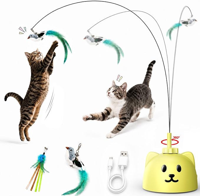 Interactive Cat Toys for Indoor Cats: Automatic Flying Bird Cat Toy with 360° Feather Wand, Strong 8cm Suction Cup, USB Rechargeable Self-Play Cat Toy for Bored Kittens & Adult Cats