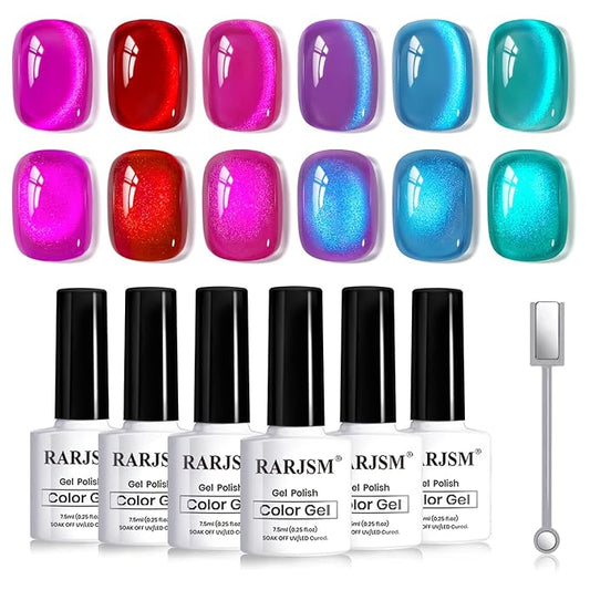RARJSM Diamond Glitter Cocktail Cat Eye Gel Nail Polish Set 6Pcs Velvet Mint Green Sky Blue Violet Purple Fuchsia Magenta Ruby Red Smoothie Cateye Gelpolish with Magnetic Stick Curing Require