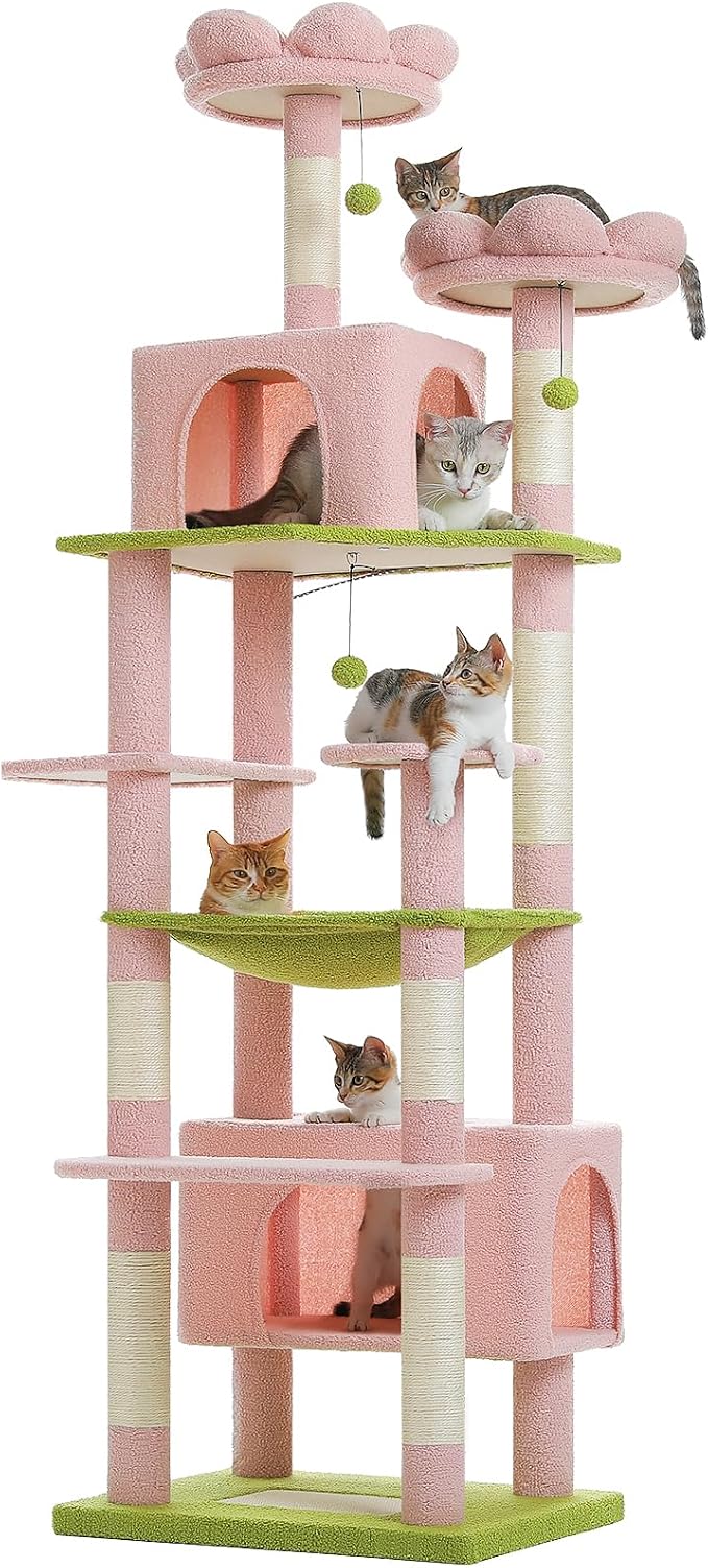 PAWZ Road 81" Flower Cat Tree Large Condo Hammock &2 Perches for Adult Cats | flower shape pink&green, 20"×16" hammock for maine cats, cute cat tower large condos,7 scratch posts & bottom scratcher