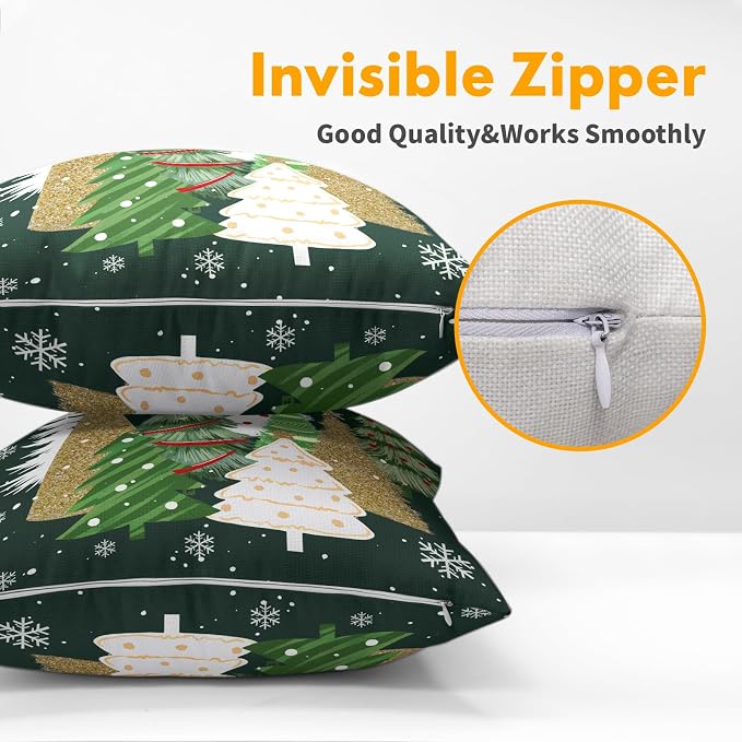 Kawani Christmas Tree Throw Pillow Covers 20x20 Inches Pack of 2 Gold Green Xmas Trees Cotton Linen Square Pillow Couch Sofa Cushion Case with Hidden Zipper for Winter Holiday Home Decor