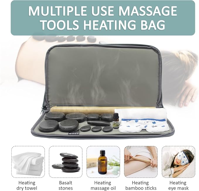 Massage Stones Set with Warmer Kit Hot Rocks Bamboo for Massage Hot Stones Massage Warmer Kit with Temperature Control and Carry Bag for Home Use (11 Stones and 3 Sticks) Suitable for Gifting