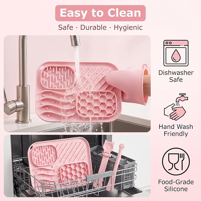 3 Piece Cat Slow Feeder Bowl Set, Silicone Lick Mat,Treat Dispenser with Long Handle Spoon, Non Slip Spill Proof for Indoor & Travel (Pink)