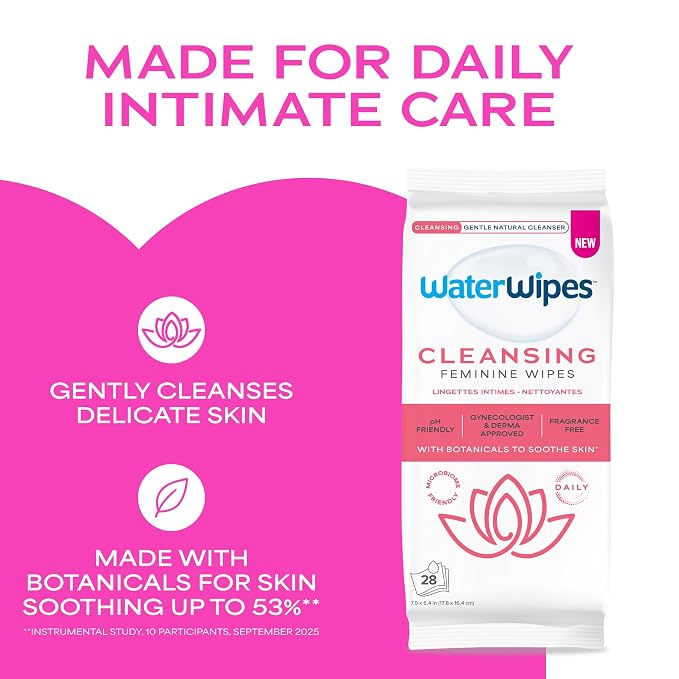WaterWipes Cleansing Feminine Wipes, pH Friendly for Daily Intimate Care, Soothing Botanicals, Gynecologist Approved, Fragrance Free, 28 Count