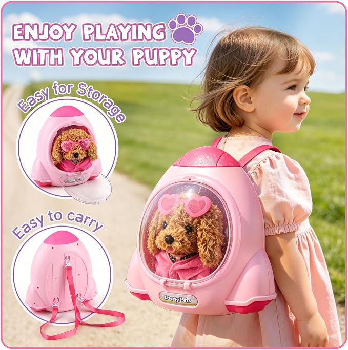 Dog Toys for Kids Girls Age 3-6, Walking&Barking Puppy Toys with Backpack