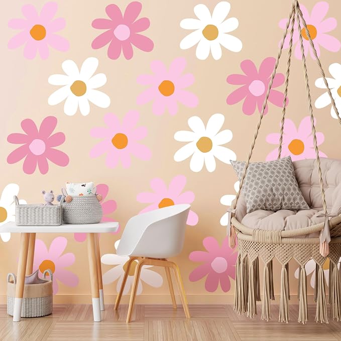TaoBary 12 Sheet Daisy Wall Sticker Decal,Classic Color,Delicate Style | Big Flower Wall Sticker, Pink White Floral Decal, Daisy Bedroom Room Decor, Removable Peel and Stick, Nursery Home Wall Decor