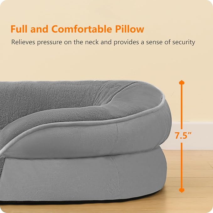 Dwanton Orthopedic Waterproof XX-Large Dog Bed Sofa, Gel Memory Foam, 48" | Egg-Crate Foam Dog Sofa, Washable Pet Bed with Four Sided Bolster Cushion, Removable Cover & Non-Slip Bottom, Medium Grey