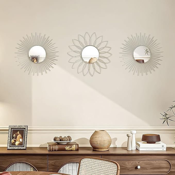 3 Pack Metal Mirrors for Wall Sunburst Wall Mirrors Home Décor Decorative Hanging Wall Art for Living Room Bedroom Entryway (Silver2, Flower+Sunburst)