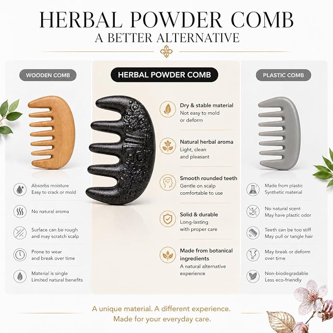 Herbal Powder Comb – Botanical Infused Scalp Massager Comb, Natural Head Massage Tool for Hair & Scalp Care, Wooden Comb Alternative, Acupressure-Inspired Design (Black)