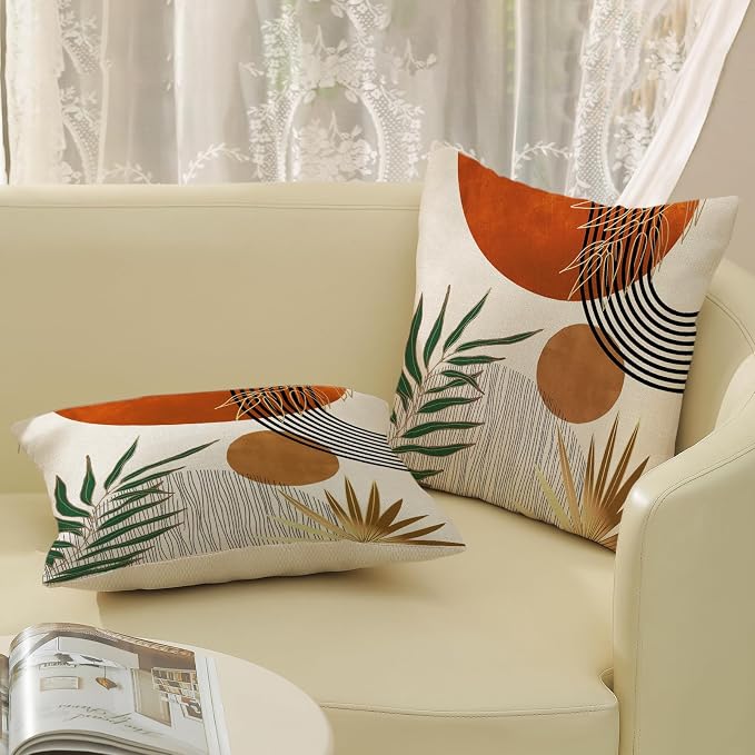 Boho Pillow Covers 16x16 Set of 2 Green Gold Orange Throw Pillows Tropical Leaves Sunset Modern Mid Century Decorative Pillowcase Outdoor Bohemian Linen Cushion Case for Couch Sofa Bed Decor