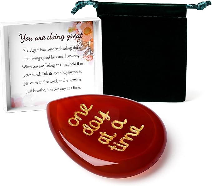 LAIDANLA Worry Stone for Anxiety Red Agate Healing Crystal Sensory Fidget Thumb Stones One Day at A Time Mental Health Depression Stress Relief Items Inspirational Thinking of You Gifts for Women Men