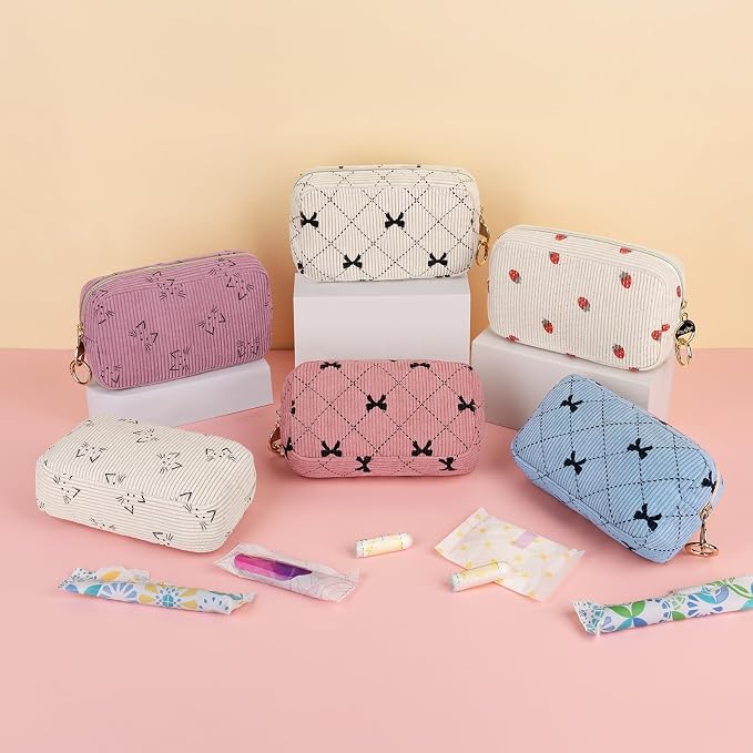 Corduroy Tampon Holder for Purse, Cute Period Bag with Ring Buckle, Portable Tampon Bag Organizer Case for Feminine Products (Bow-Blue)