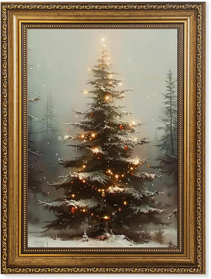 Fantasy Artists Christmas Framed Canvas Wall Art, Lighted Christmas Tree in Snowy Forest Gold Frame Print, Vintage Winter Holiday Decor for Living Room Bedroom Entryway, Ready to Hang, 12" Wx16 H
