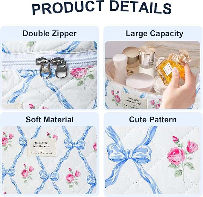 GISMTR 3Pcs Cotton Quilted Makeup Bag Large Travel Cosmetic Bag Coquette Makeup Pouch Cute Aesthetic Floral Toiletry Bag for Women Girls (flower-Q)