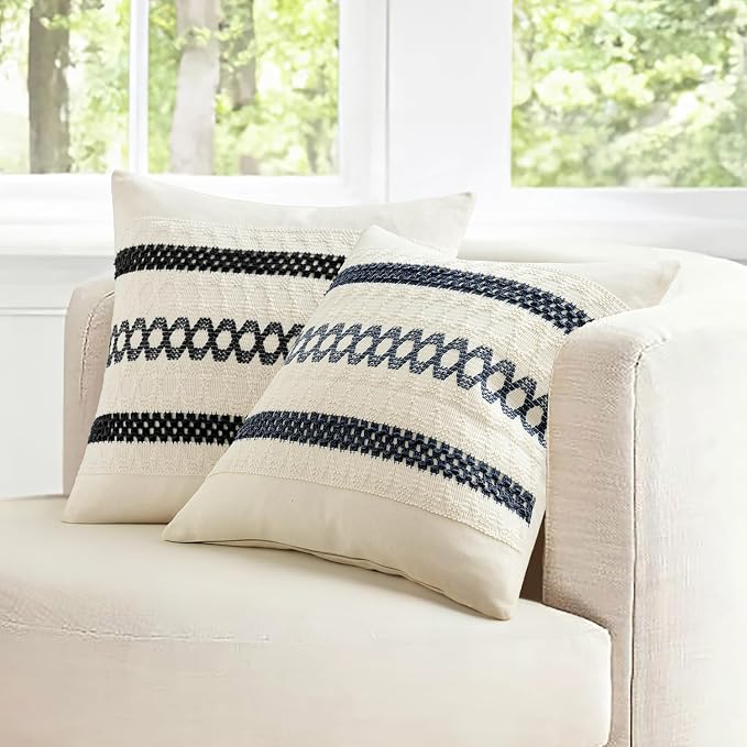 MIULEE Set of 2 Navy Blue Boho Decorative Pillow Covers 20x20 Inch | Farmhouse Couch Throw Pillows, Modern Coastal, Cotton Cushion Covers, Macrame Woven Home Decor for Bed Sofa Chair