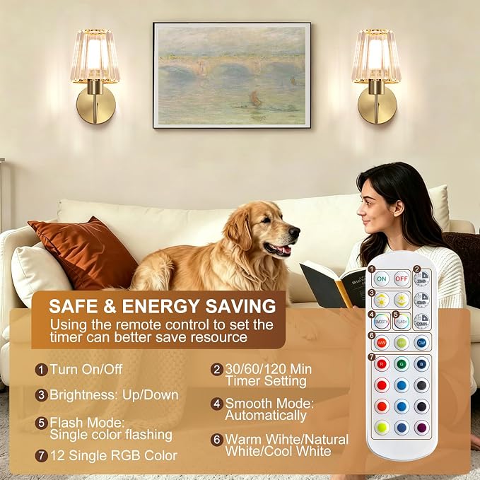 Wireless Sconces Wall Decor Set of 2 for Room Easy to Install | Rechargeable Battery Operated Light Bulbs 10000mAh Remote Control Timer Dimmable 15RGB Modern Gold Crystal Lampshade