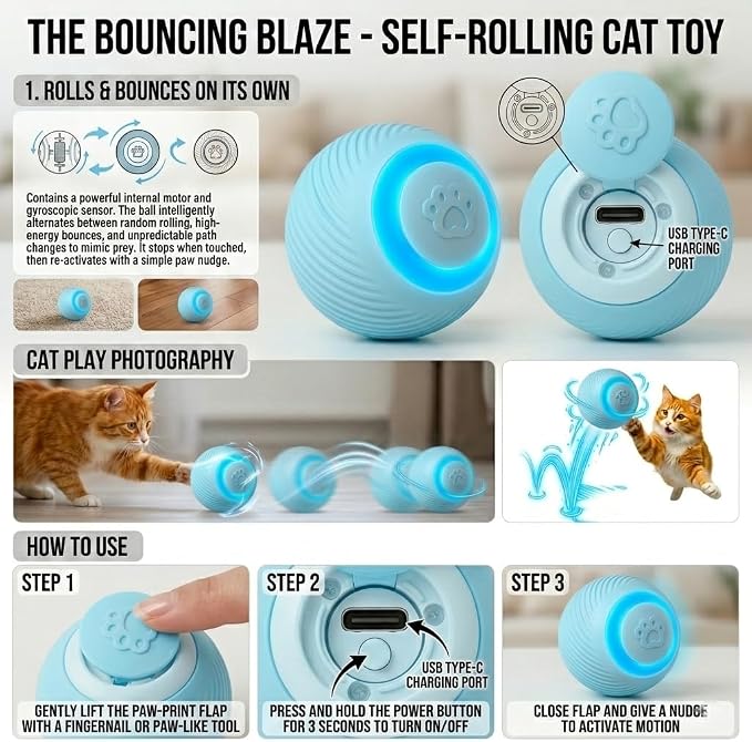 Interactive Cat Toy Ball - Automatic Interactive Cat Toys for Indoor Cats, Rechargeable Cat Enrichment Toys for Small/Medium/Large Cats to Keep Them Busy