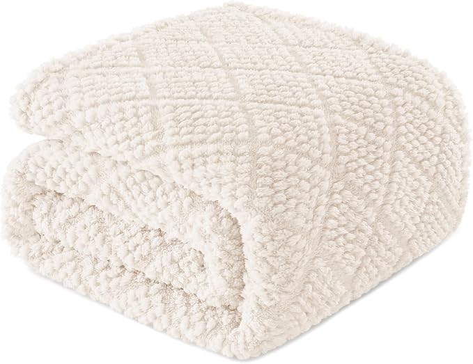 Whale Flotilla Soft Fleece Throw Blanket for Couch, Ivory White | Jacquard Waffle Blankets for Home Decor, Lightweight and Cozy, All Season Suitable, 50x60 Inch